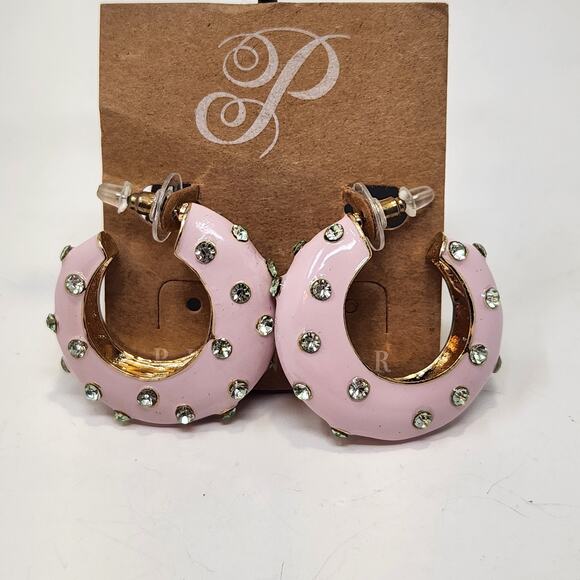 Plunder Jewelry - Plunder Design Pink Enamel Rhinestone Hoop Earrings Chunky Post Fashion Jewelry